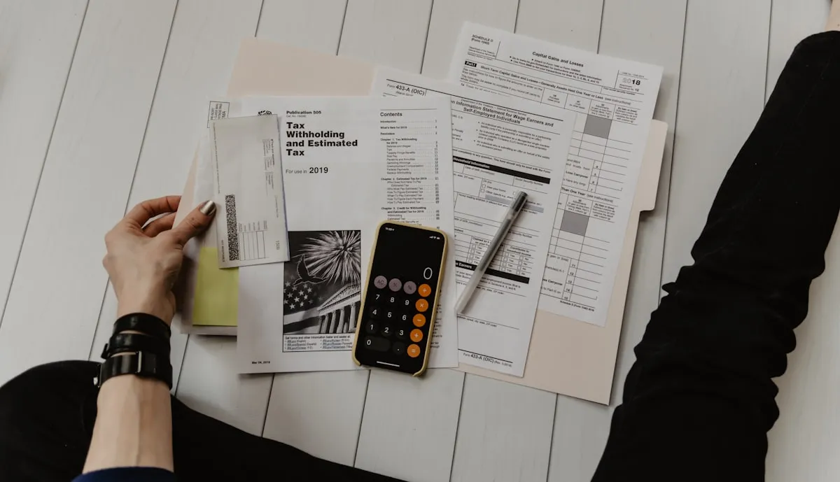Documentos financieros, calculadora y notas sobre un escritorio de trabajo